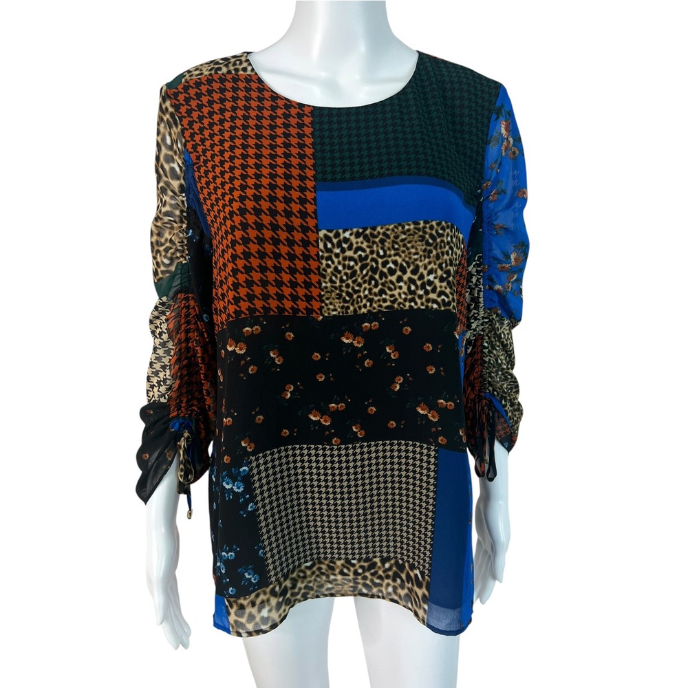 Calvin Klein Womens Blouse Top Patchwork Leopard Floral Office Flowy Size M
